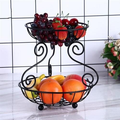 Household Iron 2 Tier Fruit Basket Vintage Style Storage Basket Living Room Fruit Basket Creative Iron Snack Container Black