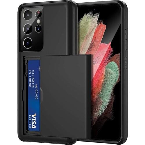 For Samsung Galaxy S21 Ultra S20 5G Case,Credit Card ID Cash Holder Shell Wallet Case Slide Cover Dual Layer Rubber Phone Case