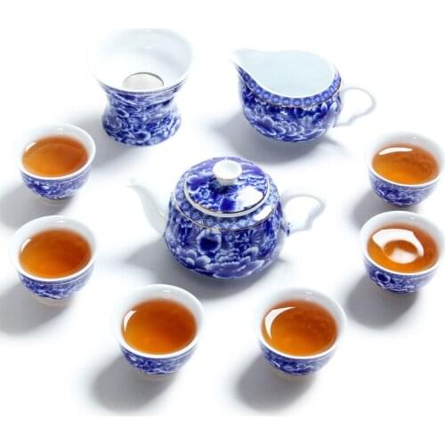 Jingdezhen Ceramic hand painted blue and white painted gold million kung fu tea cups blue and white porcelain suit handmade