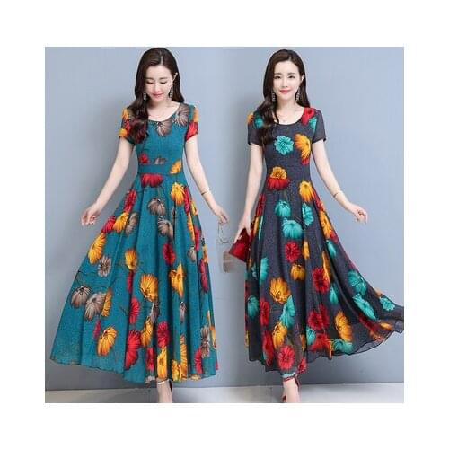 Elegant Chiffon Women Dress Floral Print Short Sleeve O-neck Sukienki Robe Ropa Mujer Robe Femme 6558
