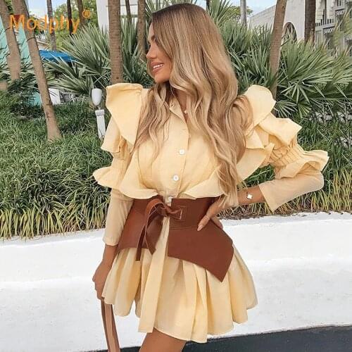 Elegant Chic Women A-Line Dress Fashion Bubble Long-Sleeved Ruffled Belt Mini Party Dress Female Clothing 2021 Korean Autumn New