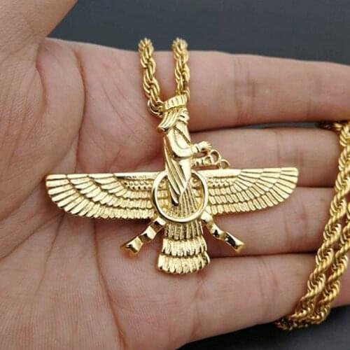 Classic Religious Style Gold Zoroastrian Pendant Necklace Mens Glamour Rock Party Jewelry