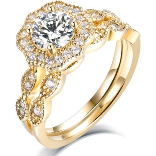 Luxury Women Ring Set Pure 925 Sterling Silver Yellow Gold Color Zircon Wedding Ring Jewelry Accessories Gift For Girl Lady