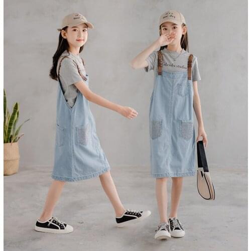 New 2021 Baby Big Girls Denim Suspender Dress Clothing Kids Casual Summer Jeans Overalls Dresses Clothes Teenage Girl Age 5-17 Y