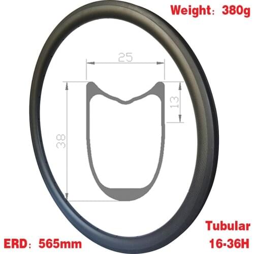 Road Tubular Rim 380g Ultralight Carbon Rim ERD 565mm Depth 38mm Width 25mm 16-36 Holes Road Bike Rim for Disc / V Brake Bicycle