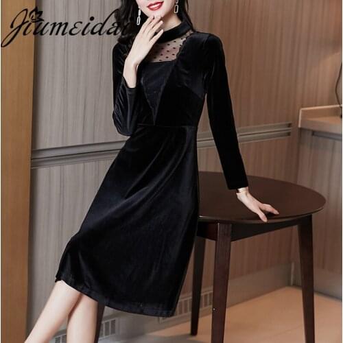JiuMeiDai 2021 Women Autumn Elegant A-Line Dress Office Lady Dot Velvet Robe Femme Vintage Designer Party Clothing Vestidos