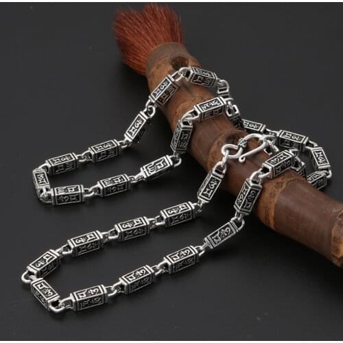 Real Silver 6mm Thick Mantra Carving Cuboid Chain Necklace S925 Sterling Silver Retro Necklace Men Male Jewelry Gift