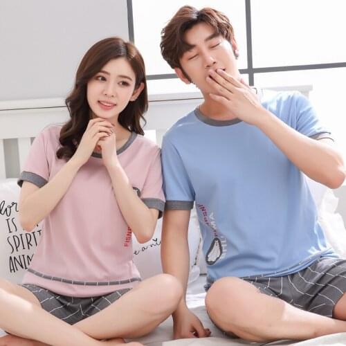 Womens Pajamas Set Cartoon Summer Short Sleeve Couple Sleepwear Outdoor Clothing Kawaii Pink Women Plus Size Cotton Nightwear