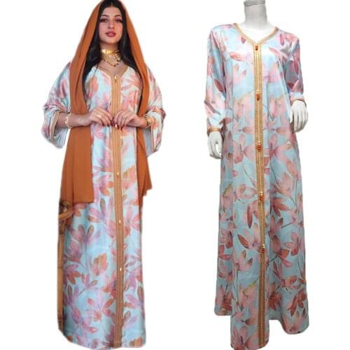 Middle East Muslim Women Long Dress Floral Print Maxi Robe Gown Caftan Islamic Clothing Arabic Abaya V-neck Moroccan Turkey New