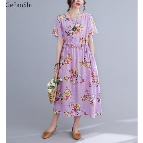 Summer Womens Dress Floral Print Casual Loose O-neck Cotton Linen Ladies Dress Fashion Elegant Beach Dresses Clothing Plus Size