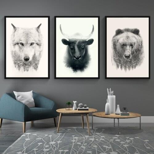 Nordic Minimalism Black and White Wolf Bull Black Bear Animals Canvas Poster Home Living Room Wall Picture Restaurant Decoration
