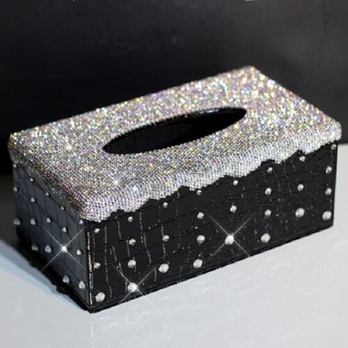 Luxury White Crystal Leather Car Tissue Box Bling Diamond Decorative Auto Tissue Paper Towel Box for Europe Car