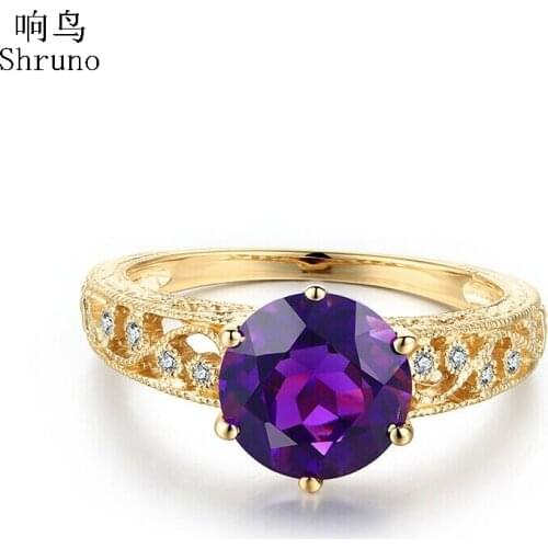 Shruno Solid 10K Yellow Gold Flawless 7.5mm Round Natural Amethyst Diamonds Engagement Ring Women Anniversary Gemstone Jewelry