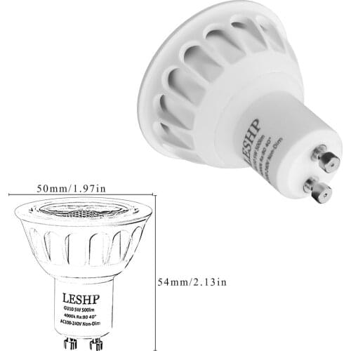Leshp White Gu10 Ac100-240V 5W Led Spotlight 4000K 500Lm Non-Dimmable 40 Degree Beam Angle Compact Size Light Weight Home Care