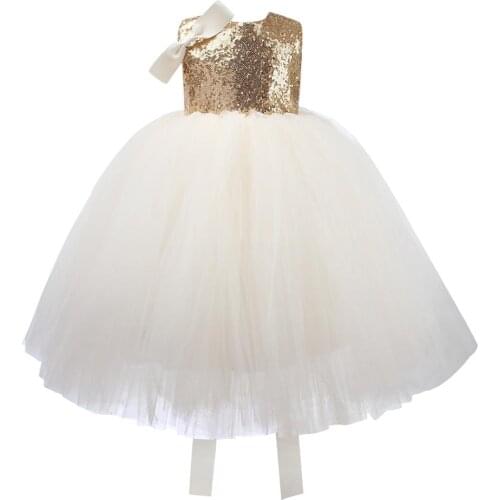 Sequin Tulle Bow Baby Girl Dress Infant Party Wedding Princess Dress For 1 Year Birthday Christening Baptism Newborn Clothing