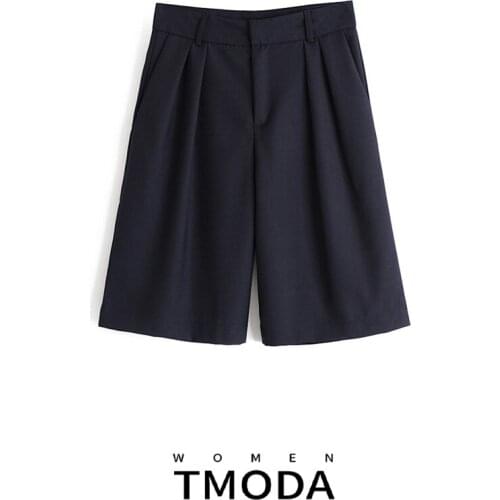 TMODA589 2021 Vintage Elegant Women Navy Pant Suits Fashion Pockets Zipper Fly Straight Half Pants Chic Suits Shorts