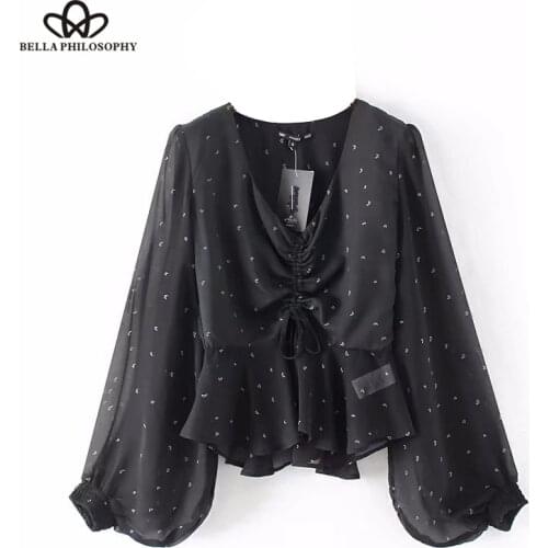 Bella Philosophy 2018 spring long lantern sleeve black women blouse Perspective v-neck shirt lacing printed tops