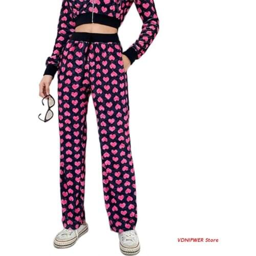 Women Pink Heart Print Velvet Jacket Kawaii Long Sleeve Zip Up Cropped Sweatshirt Harajuku High Waist Drawstring Pants