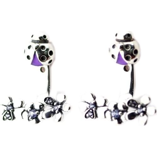 Genuine 925 Sterling Silver Earrings Ladybug Meadow Jacket Earrings for Women Party Gift Fashion Jewelry berloques brincos