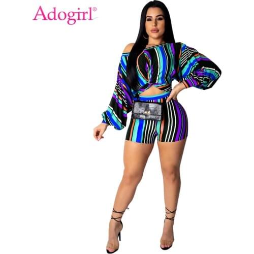 Adogirl Plus Size S-3XL Colorful Stripe Women Casual Two Piece Set Off Shoulder Puff Sleeve Twist Loose Crop Top + Summer Shorts