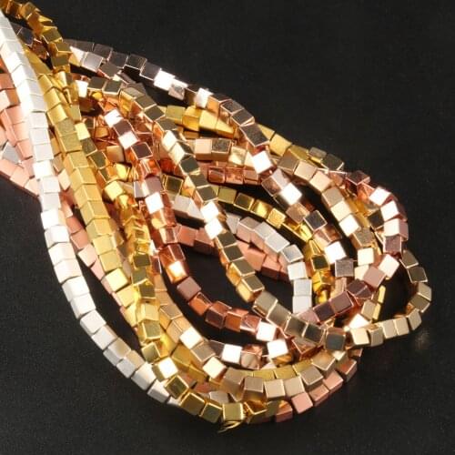 2/3/4mm Gold/Silver Color Matte & Smooth Natural Stone Hematite Cube Square Loose Spacer Beads For Diy Jewelry Marking 15''inche