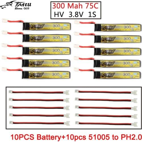 10pcs TATTU Lipo Battery 300mAh 3.8V 75C 1S with PH2.0 Plug Connector and 51005 to PH2.0 Plug for RC FPV Racing Drone Quadcopter