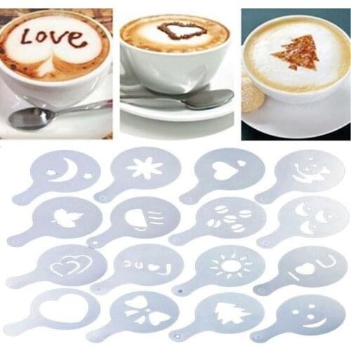 16PCS Coffee Machine Barista Stencils Template Strew Flowers Pad Duster Spray Art