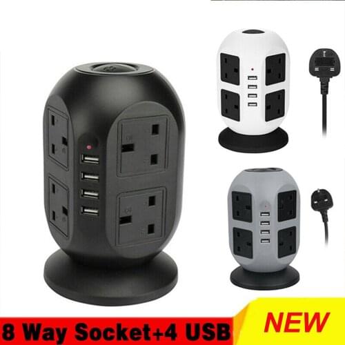 8Way UK Adapter Plug Outlet Power Strip Protected Tower Multi Plug 4 USB Desktop Sockets Vertical Charger with 2m Extension Cord