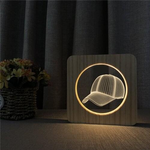 Baseball Cap Sports 3D LED Arylic Wooden Night Lamp Table Light Switch Control Carving Lamp for Childrens Room Decorate