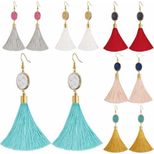 TUMBEELLUWA Bohemian Long Tassel Dangle Drop Earring with Crystal Druzy for Women and Girls