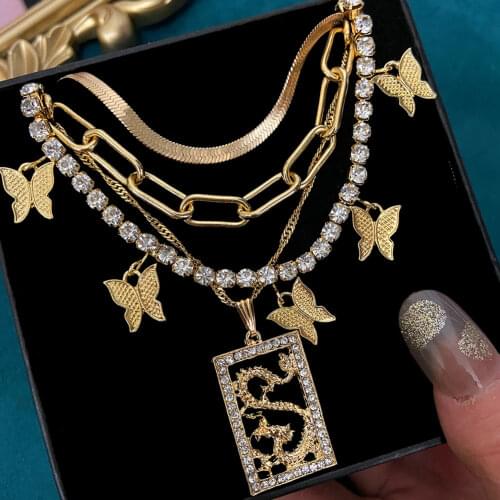 Flatfoosie Bohemia Multilayer Metal Chain Choker Necklace Female Shine Crystal Chain Butterfly Dragon Pendant Necklace Jewelry