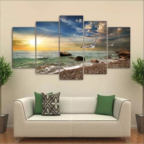 Canvas Wall Art Pictures Frame Kitchen Restaurant Decor 5 Pieces Sunset Landscape Animal Seagull Beach Living Room Print Posters
