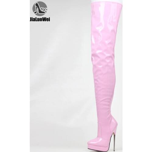 JIALUOWEI 7" Stiletto Shiny Pink Platform Thigh High Boots Goth Fetish 5-15