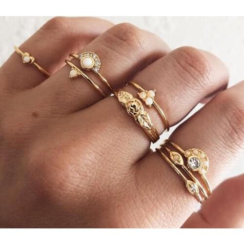 Fashion creative combination knuckle rings for women with crescent /stars/heart/twist and inlaid opal design female rings