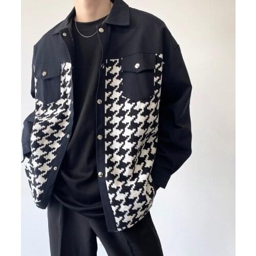 Men Houndstooth Plaid Splice Cut Hem Vintage Loose Casual Jacket Overcoat Male Streetwear Coat Outerwear