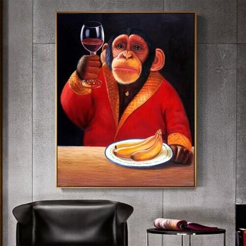CNPAINTING Wall Art Canvas Painting Animal Picture Poster Monkey Chimp Drinking WIne Smoking Living Room Home Decor No Frame