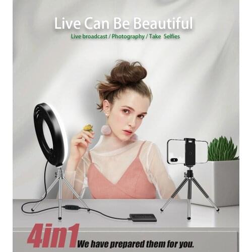 4-in-1 Desktop Cosmetic Live Lamp 9-Inch LED Ring Light Dimmable Lighting for Makeup Wide Dimming Range Low Heat Output QKC