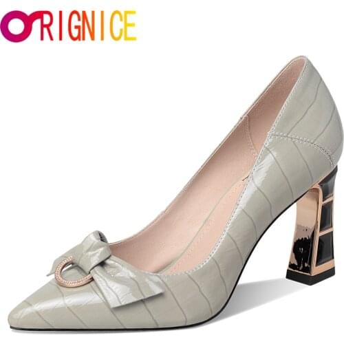 Orignice New Arrival Fashion Genuine Leather Women Pumps Butterfly Knots Rhinestone Unique High Heels Wedding Office Lady Shoes