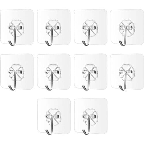ETUUD 10Pcs 6X6/7X7cm Transparent Strong Self Adhesive Sticky Hooks Heavy Duty Wall Seamless Transparent Hangers For Kitchen