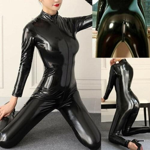 Sexy Lingerie Latex Black Female Erotic Faux Leather Cat-suit PVC Bodysuit Front Zipper Open Crotch Pole Dance Clubwear Jumpsuit