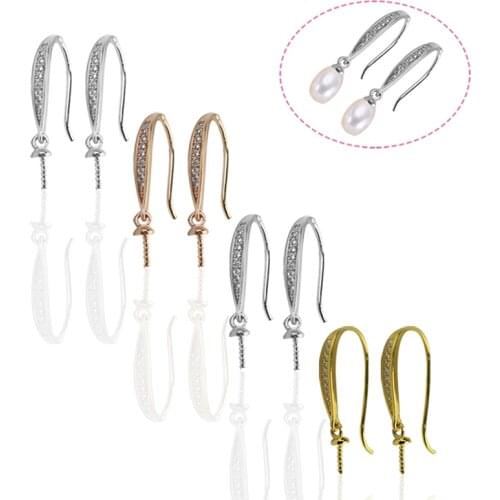 925 Sterling Silver Earring Wire with White Zircon Earring Components for Half-drilled Beads Earring Findings Jewelry Making