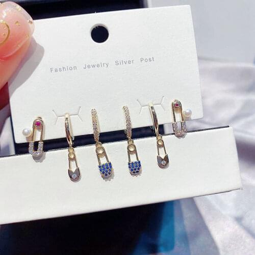ANENJERY 6 pieces/set Pin Earrings Set S925 Silver Color Stamp Micro-inlaid Colored Zircon Earrings 2021 Korean Daily Jewelry