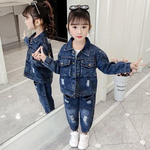 Spring Autumn Girls Street Wear 2 Piece Sets Cartoon Letter Printed Wash Distressed Holes Jackets+Jeans Girls Outfits 4-13T