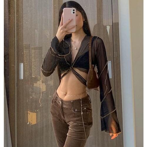 Y2K E-girl Aesthetics Bandage Black Mesh Crop Tops Pastel Goth Deep V-Neck Flare Sleeve Patchwork T-shirts vintage Sexy Outfits