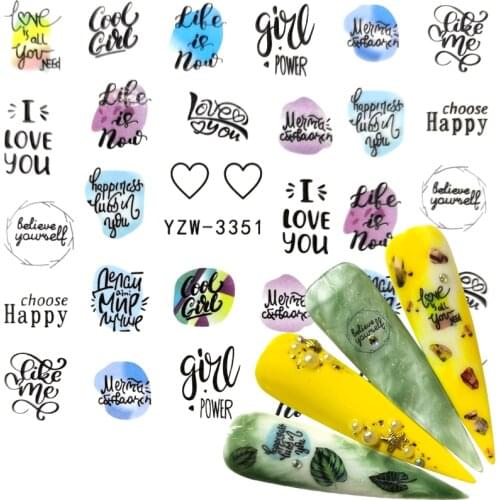YWK 1 Sheet Stickers On Nails Letter Design Water Sliders Black Abstract Line Image Nail Art Transfer Decal Manicure Tips