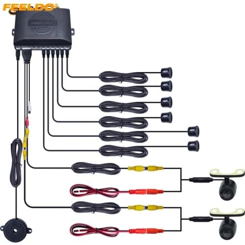 FEELDO Car 6-Sensor Parking Sensor with 2pcs Mini Camera Dual Visual Rearview Video Parking Backup Radar System #HQ1349
