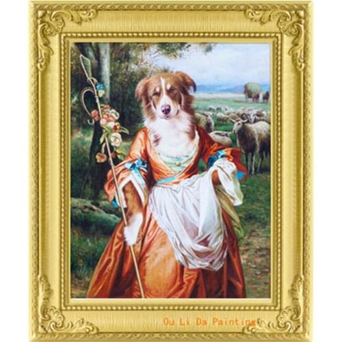 Free shipping dog dress herding sheep landscape canvas prints oil painting on canvas wall art decoration frameless picture