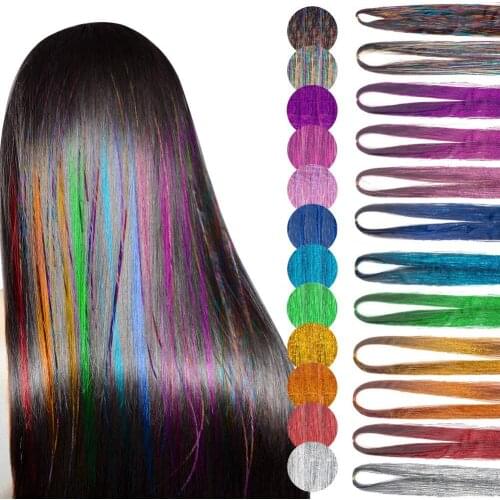 Hair Tinsel Sparkle synthetic hair extension 93cm Holographic Glitter Colorful laser silk hair extension gold silk bing hair