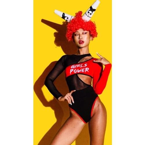 Nightclub Bar Sexy Perspective Stitching Long Sleeve Bodysuit Female Singer DJ DS Dance Jazz Costume Stage Performance DWY4098