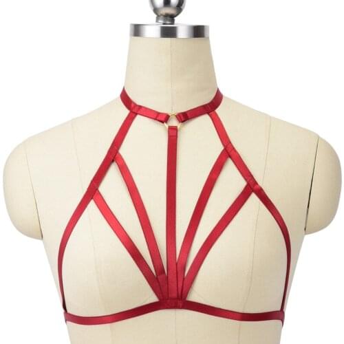 Elastic Body Harness Cage Bra Adjustable Red Neck Goth Sexy Lingerie Women Rave Bondage Body Harness Crop Top Suspender Belt